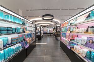Display shelves found in the centre of a cosmetic shop.