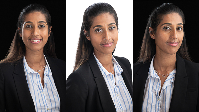 Three images side by side of a young woman posing for a headshot.